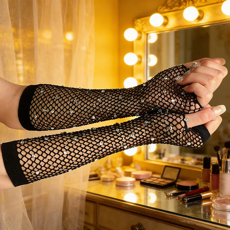 

Women Shiny Rhinestone Fishnet Fingerless Gloves Arm Cuff Party Wear Fancy Glove Sexy Girls Punk Goth Dance Mesh Gloves