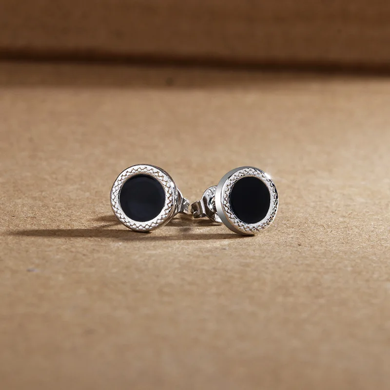 Trendy Black Round Patterned Earrings for Men Personalized Earrings Simple 925 Sterling Silver Ear Stud Male Jewelry KOFSAC