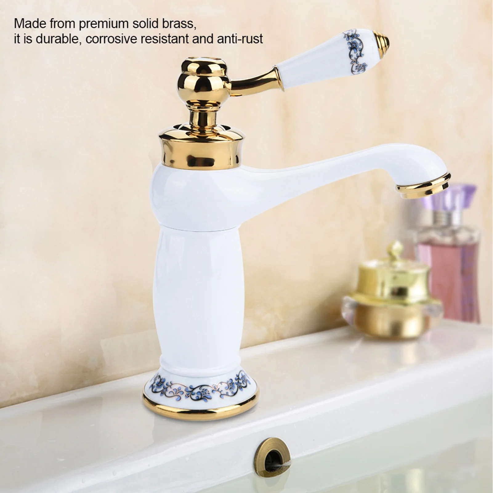 Floral Pattern Single Handle Mixer Tap Cold/Hot Water Faucet for Bathroom Basin Sink (White)