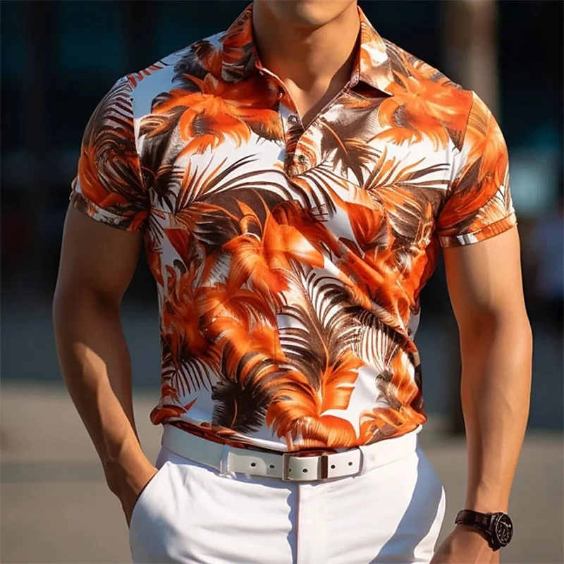 3D Printed Leaf Boat Polo Shirt Men's Stripes Tropical Forest Pattern Tees Fashion Quick-Drying Tennis Loose Breathable T-Shirts