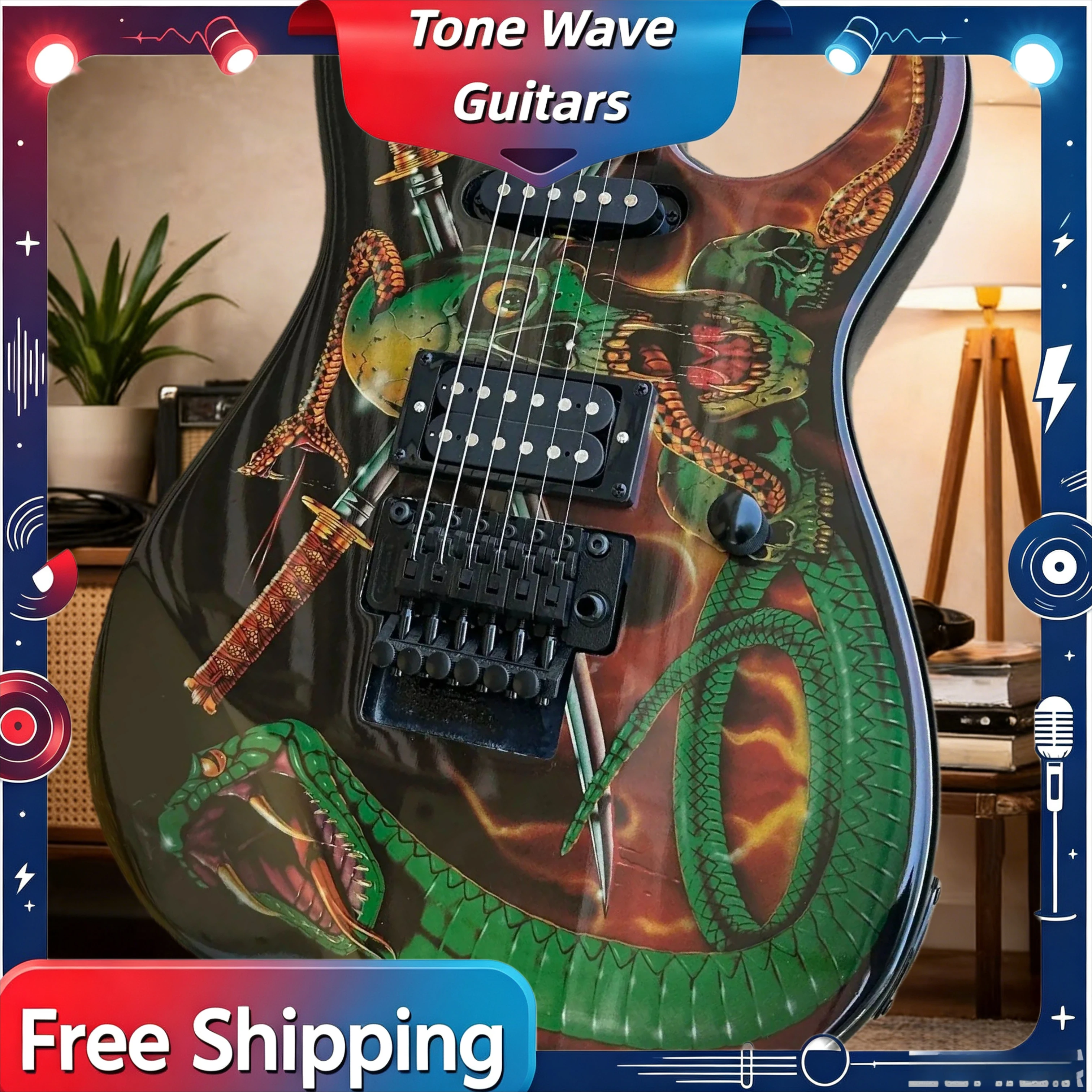 Hot-selling Product STR001 Skeleton Viper Warrior Sword Painted Double Shake Heavy Electric Guitar Delivery Included Unisex