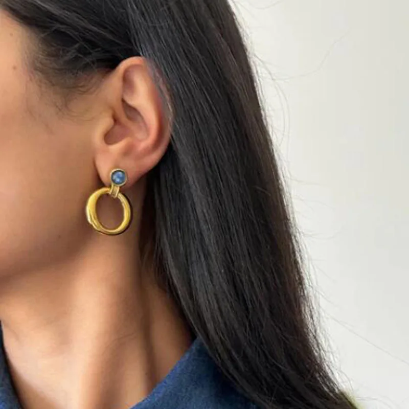 Blue stone door knocker dangle earrings women stainless steel statement earrings vintage elegant jewelry rust-proof