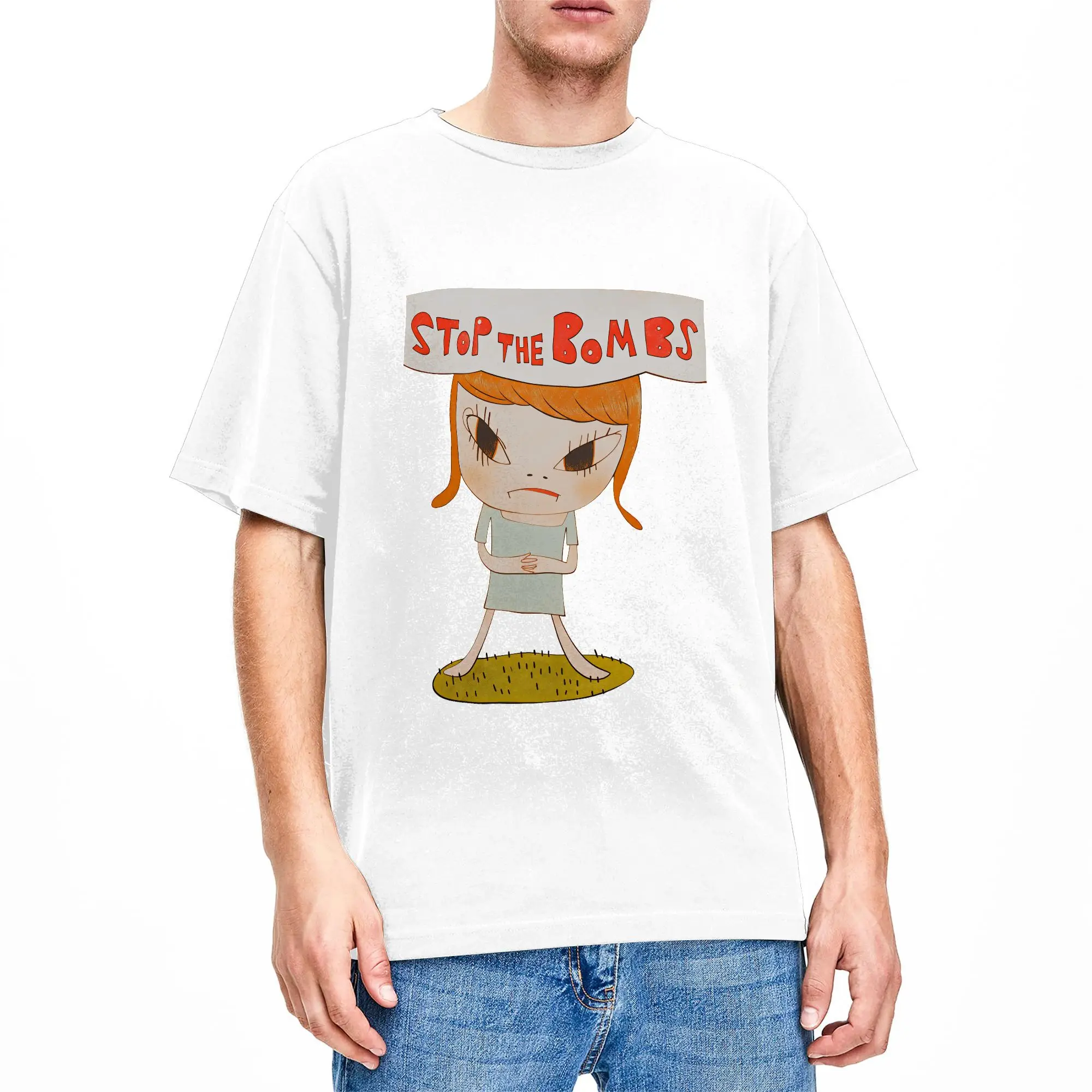Stop The Bombs T-Shirt Men's Yoshitomo Nara Vintage T Shirts Summer Crewneck Harajuku Tees Wholesale Big Size Clothing