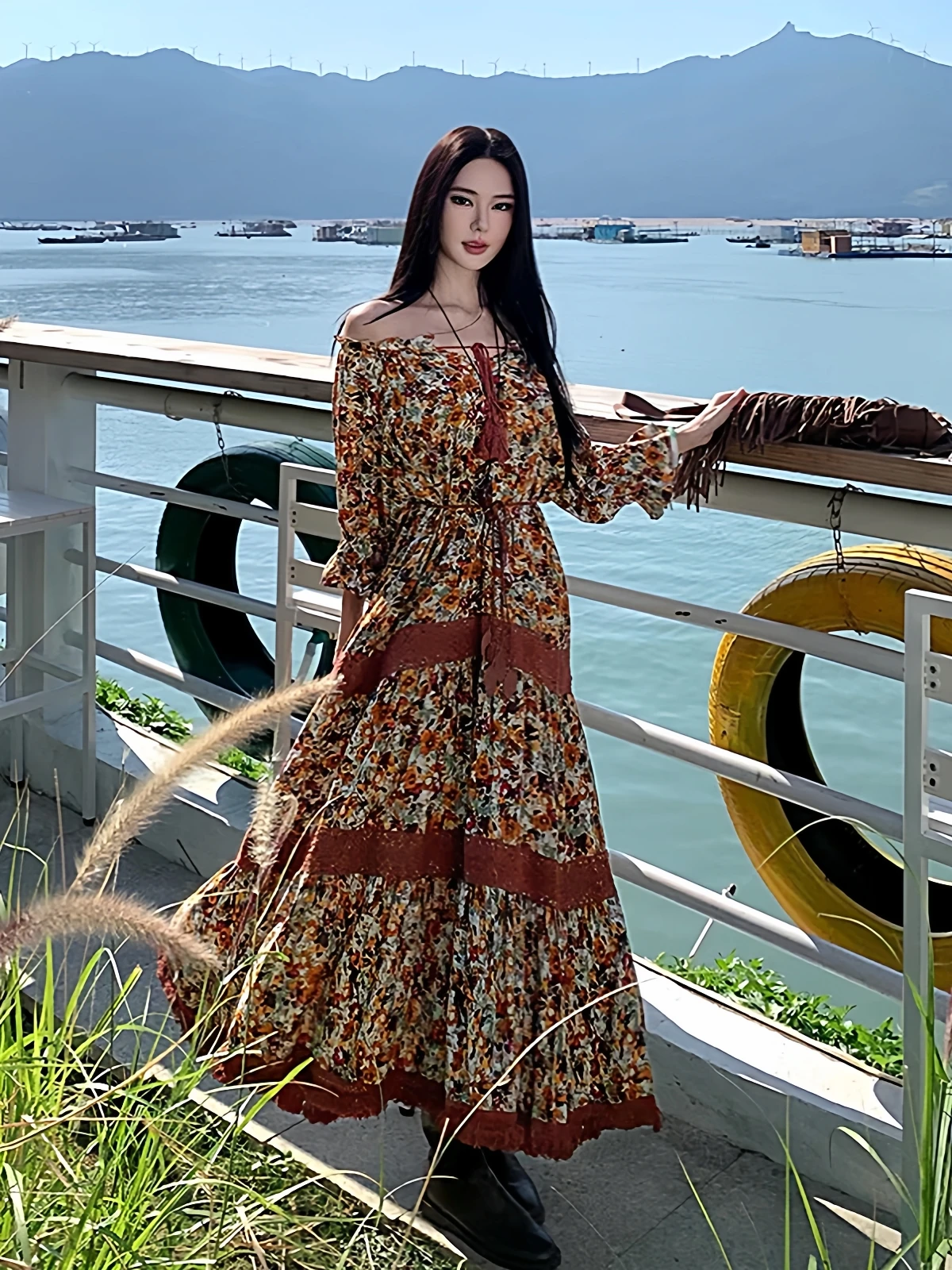 

Romantic n Long Sve One oulder Dr Tassel Trim Vaion Sle Skirt Polyester Fiber High Waist X ape Ladies D...