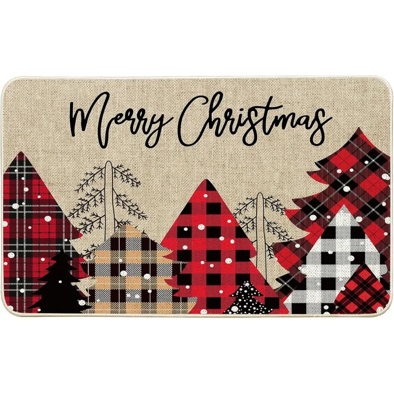 Christmas red and black checkered snowman washable anti slip door mat winter home decoration