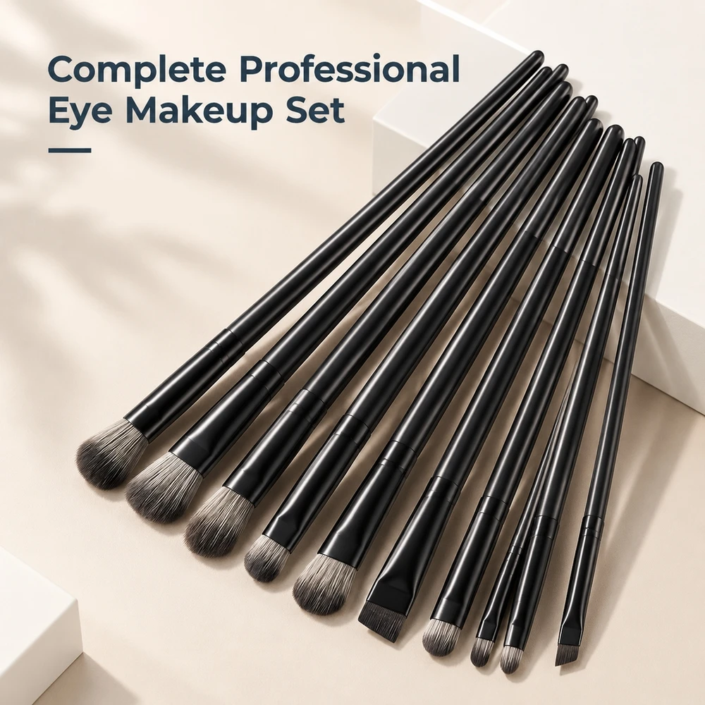 10Pcs Black Eye Makeup Brush Set Soft Synthetic Hair Eyeshadow Blender Liner Knife Edge Detailing Mini Brushes for Eyes