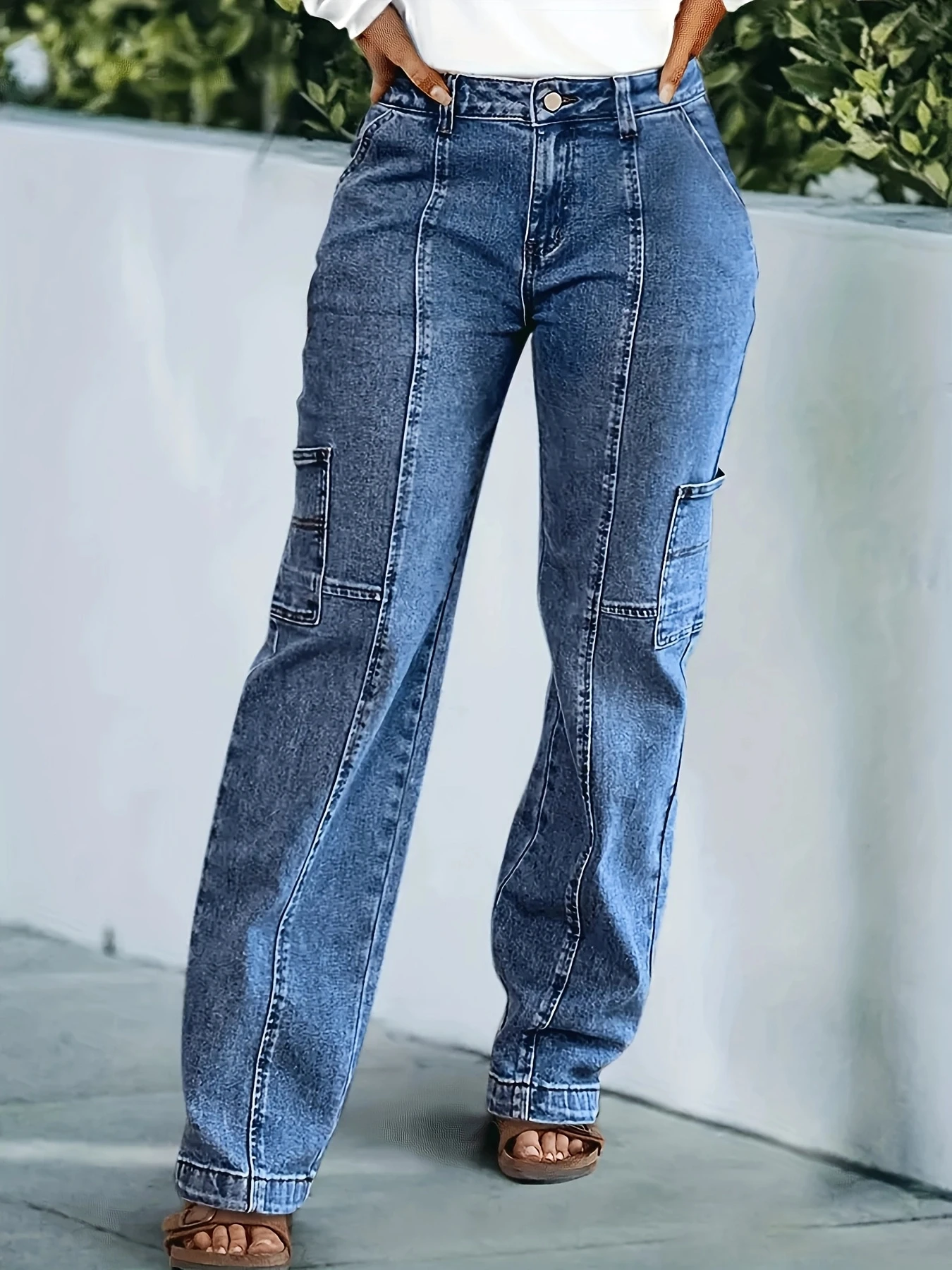 

Women's mid-high waist multiple pockets line splicing rolled edge jeans