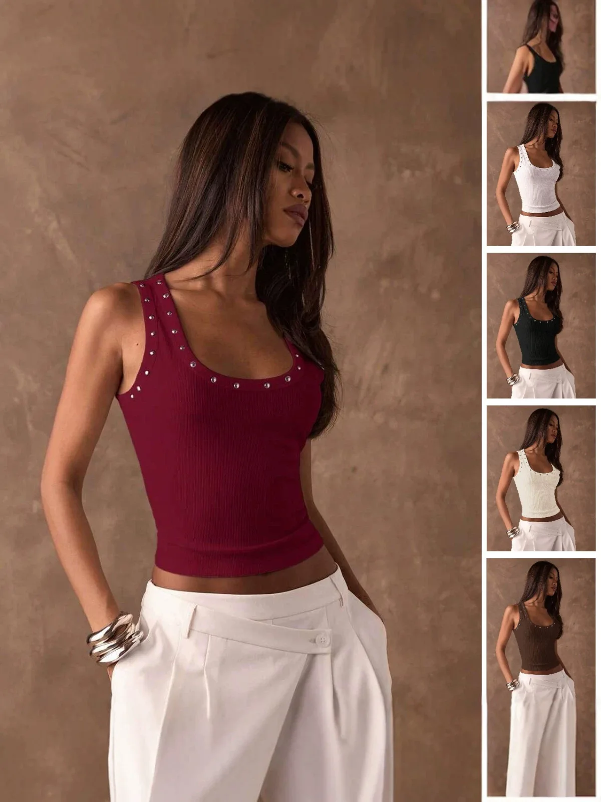 Women U‑Neck Beaded Decor Ribbed Knit Tank Top Sleeveless Cropped Slim Fit Cami Vest