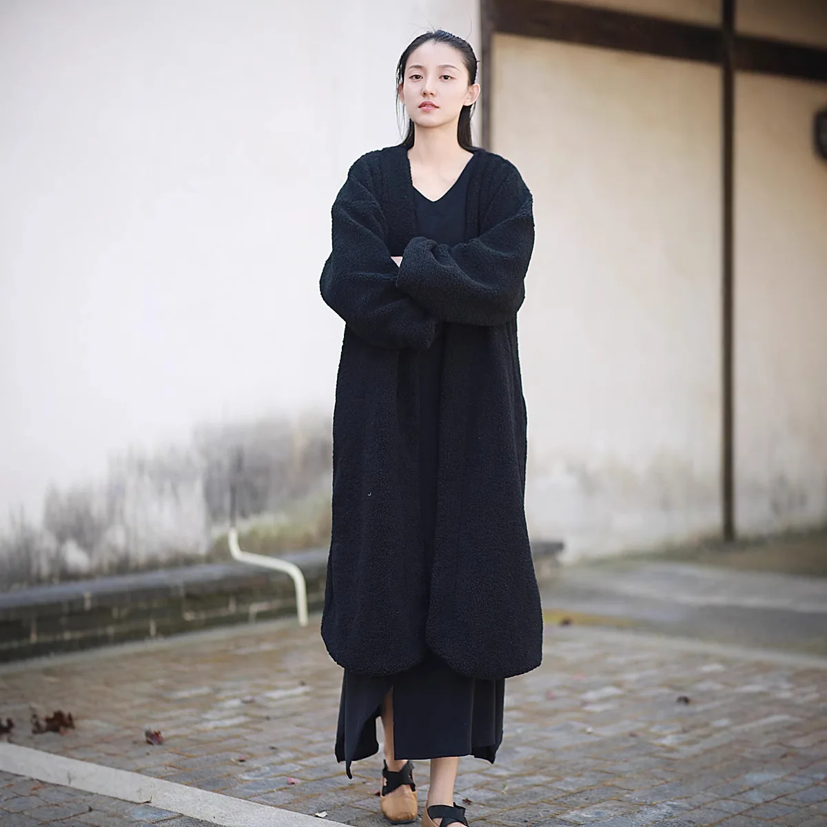 TIYIHAILEY الشتاء النساء ملابس خارجية معاطف فضفاضة طويلة منتصف العجل الصوف سترة دافئة خندق سميكة سترة سوداء مع جيوب زر واحد #6