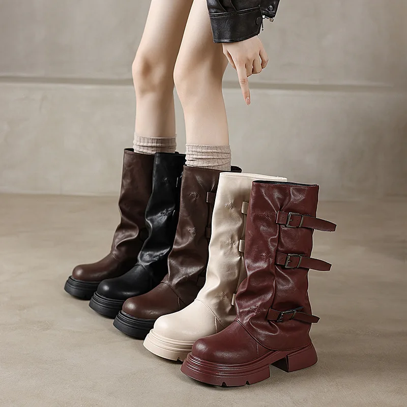 

Pleated Buckle Knight Boots for Women Autumn Brown PU Leather Mid Calf Boots Woman Slip-On Thick Heel Riding Botas Mujer 2024