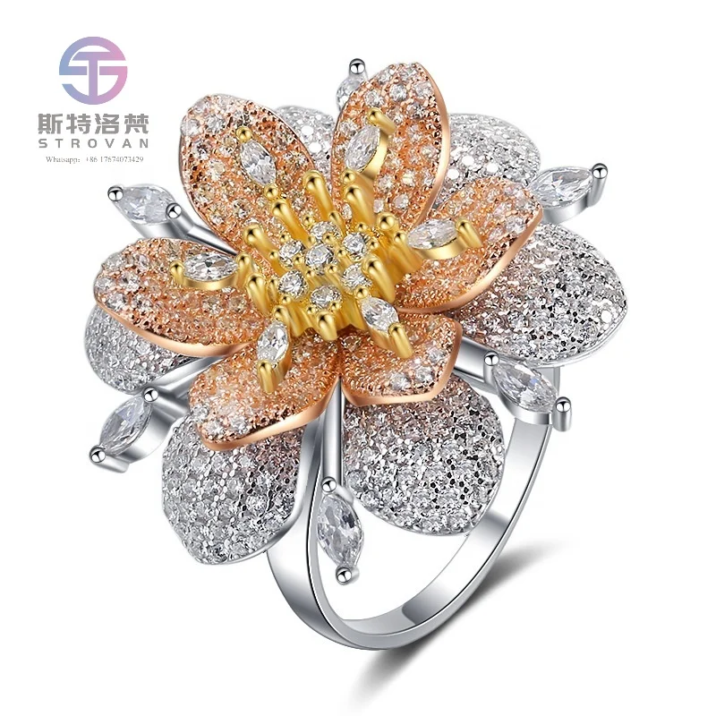 

European and American Style Flower Rose Gold Plated Jewelry S925 Silver Micro Pave Zircon Luxury Party Wedding Ring Girl