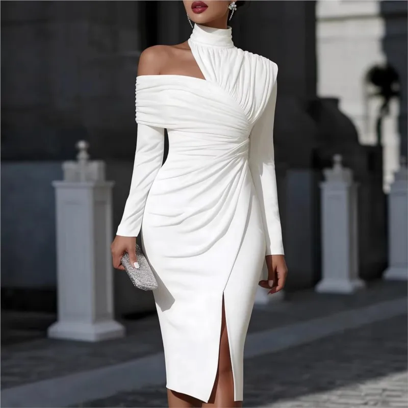 Elegantes Schulterfreies Midikleid für Damen mit Hohem Kragen, Langen Ärmeln, Gerafftem Bodycon-Schnitt, Hüftbetontem Design und Schlitz, Formelles Partykleid, Neu