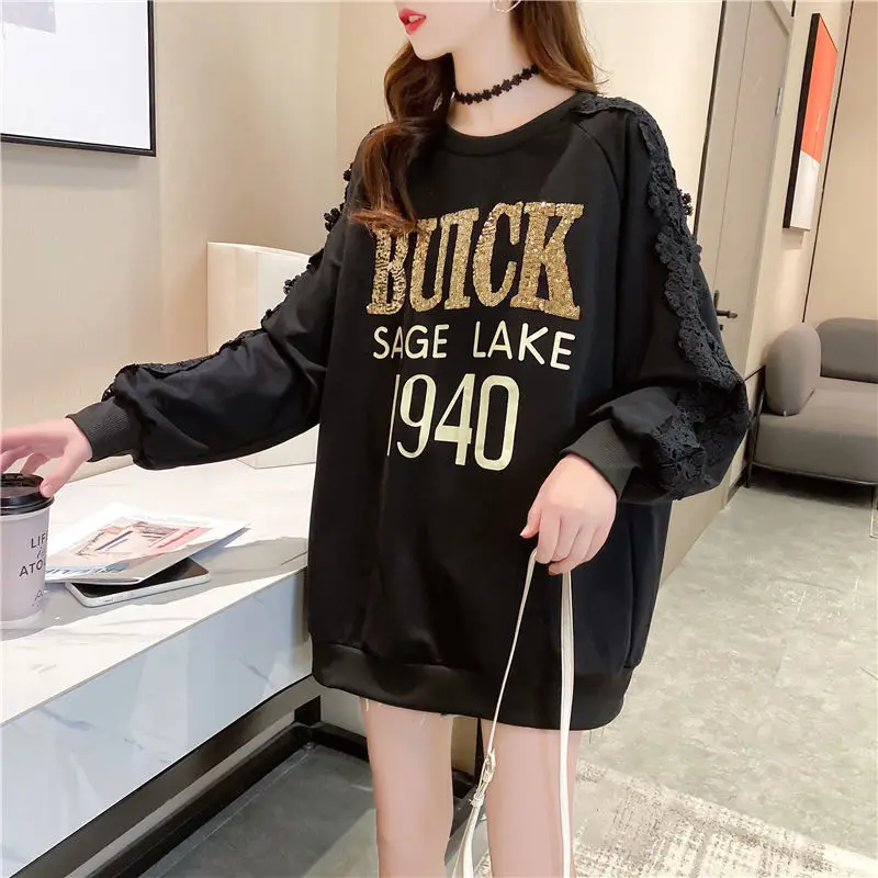 Plus Size Print Letter Hoodies Sweatshirts Spring Autumn Long Sleeve Loose Street Casual Pullovers Fashion Korean Women Clothing