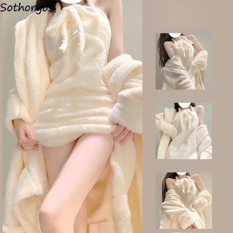 

Winter Thicken Robe Gown Sets Women Coral Fleece Solid Warm Hooded Sleepwear Home Gentle Fluffy Princess All-match Soft Ins 2pcs