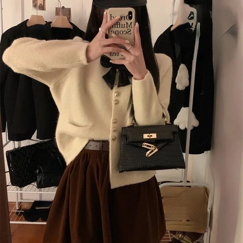 

Вязаный кардиган с бантом, пальто, женская осенняя одежда, женский свитер с круглым вырезом и длинными рукавами, милый Sueter Mujer, модный винтажный свитер, топы