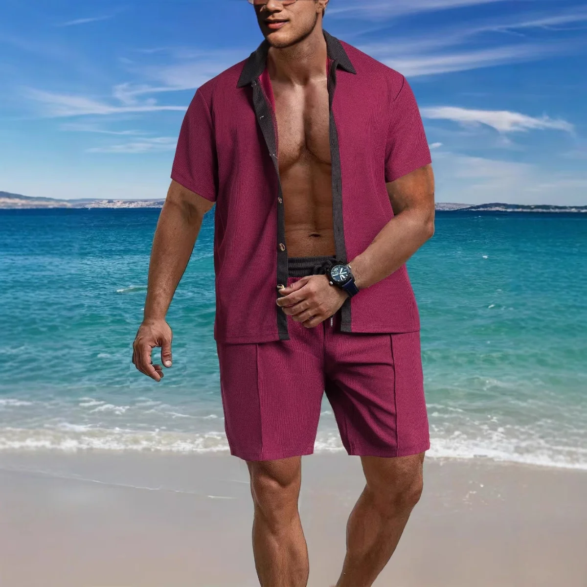 Summer men's new style beach shorts short sleeve suit, classic waffle check fashion lapel top with color button down shirt