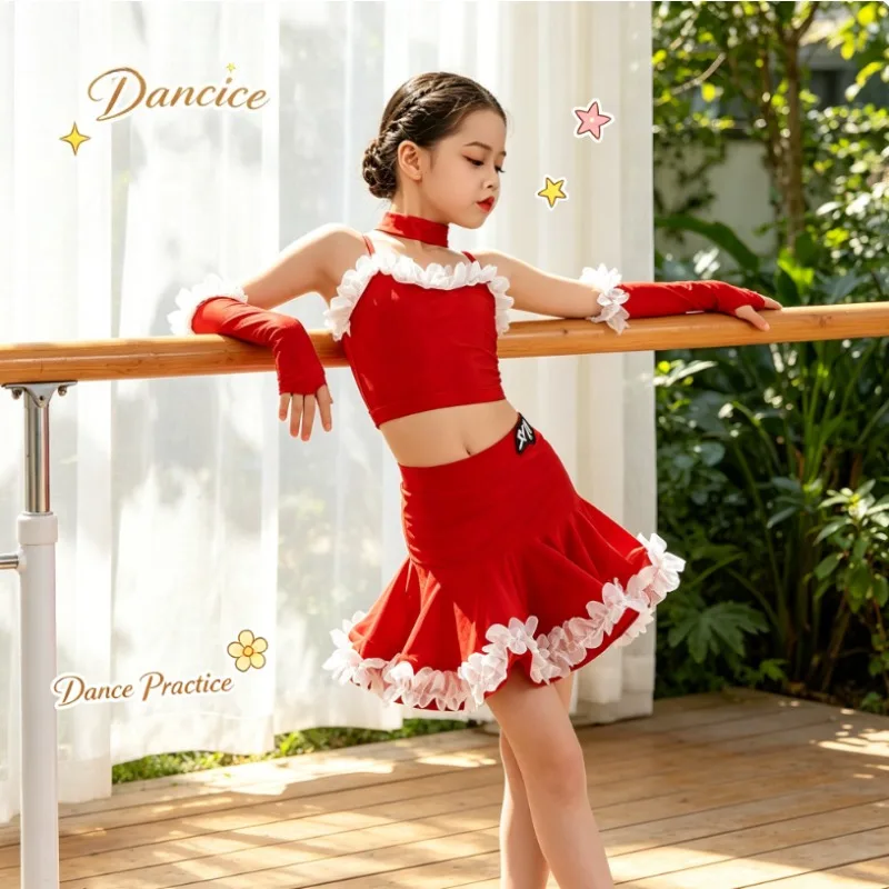 Girls Latin Dance Dress 2026 New Summer Set High Big Swing Skirt Kids Professional Dancing Clothes Practice Performance Costume - view 3