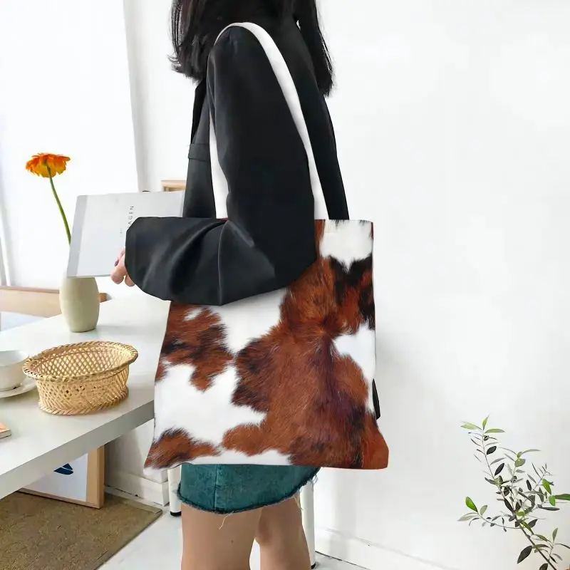 Spotted Brown Farm Animal Skin Grocery Tote Shopping Bags Cow Fur Cowhide Texture Printing Canvas Shoulder Shopper Bag Handbags