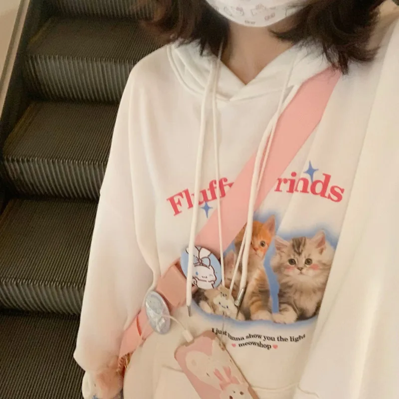 2023 Fall Kawaii Cat Print Hoodies Women Sweet Cute Aesthetic Animal Graphic Hooded Pullover Casual Harajuku Sweatshirts Tops