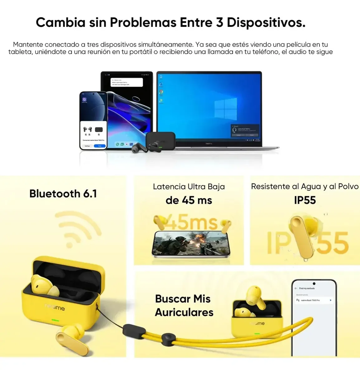 Auriculares – realme Buds T500 Pro, Cancelación Activa de Ruido de 50dB, 6 Micrófonos con IA, Bluetooth 6.1 Multipunto, Traductor IA 30+ Idiomas, Batería 56h, IP55 9