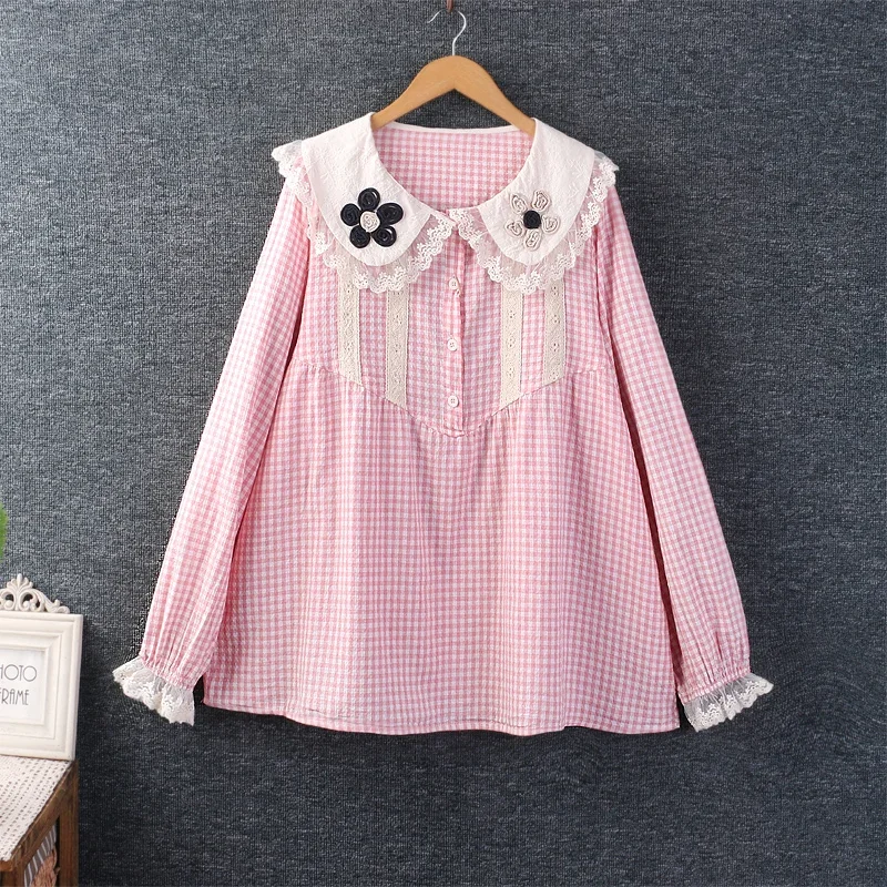 

Women's Japanese Mori Girl Floral Lace Embroidery Plaid Shirt, Kawaii Cute Peter Pan Collar, Long Sleeve, Cotton Linen Blouse