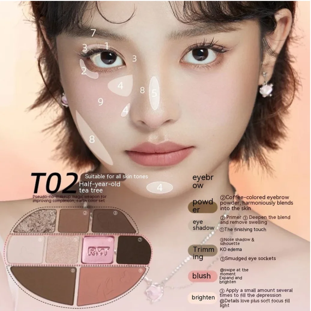 RMT ROMANTIC BEAUTY #Facial Comprehensive Dish Nine Color Eyeshadow Highlight Contour All-Round Blush Makeup Cosmetics
