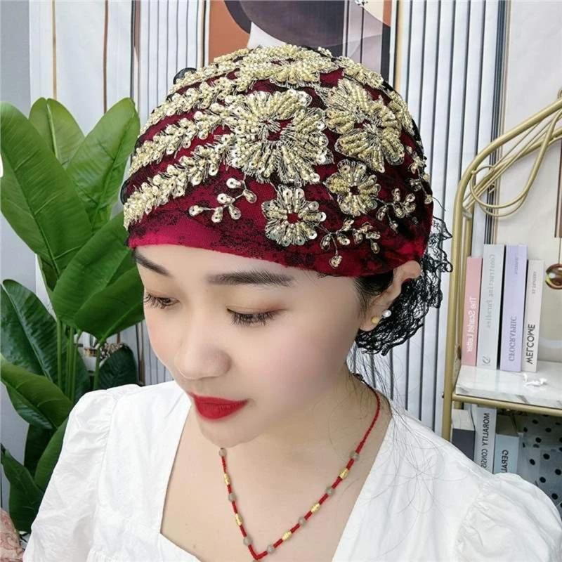 Retro Lace Phoenix-tail Flower Beaded Headscarf Hat Muslim Headscarf Middle Eastern Arabian Ramadan Ethnic Style Headscarf Hat