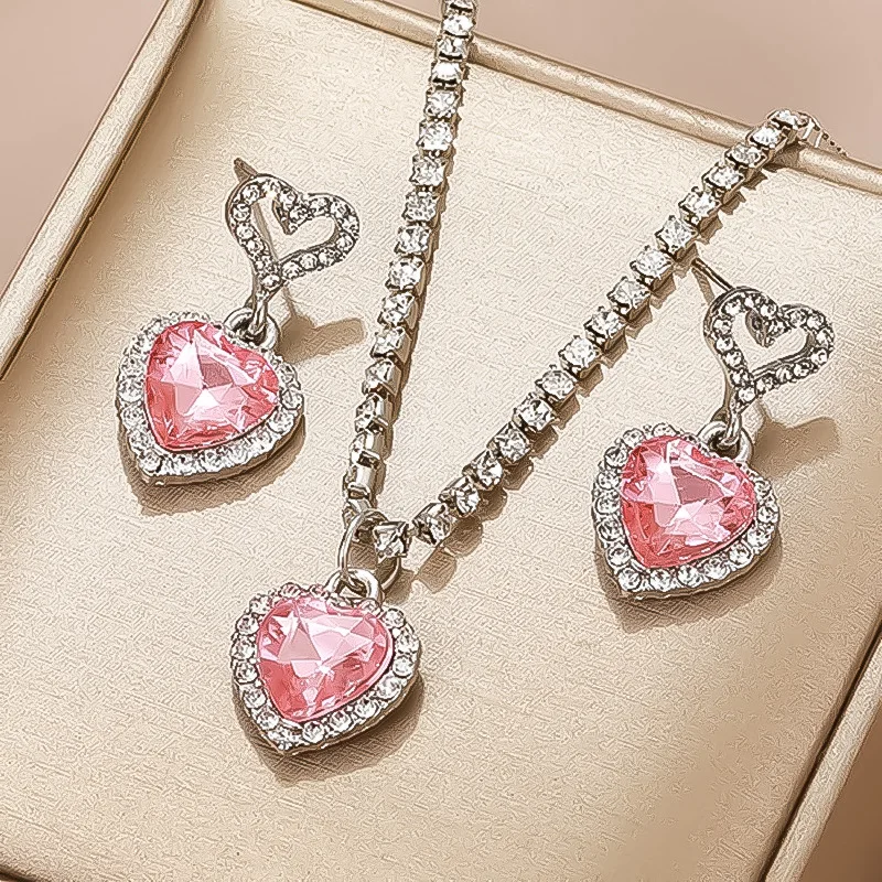 3pcs Fashion Heart Zircon Pink Crystal Earrings Necklace Set for Women Luxury Dangle Necklace Earring Wedding Jewelry Sets Gifts