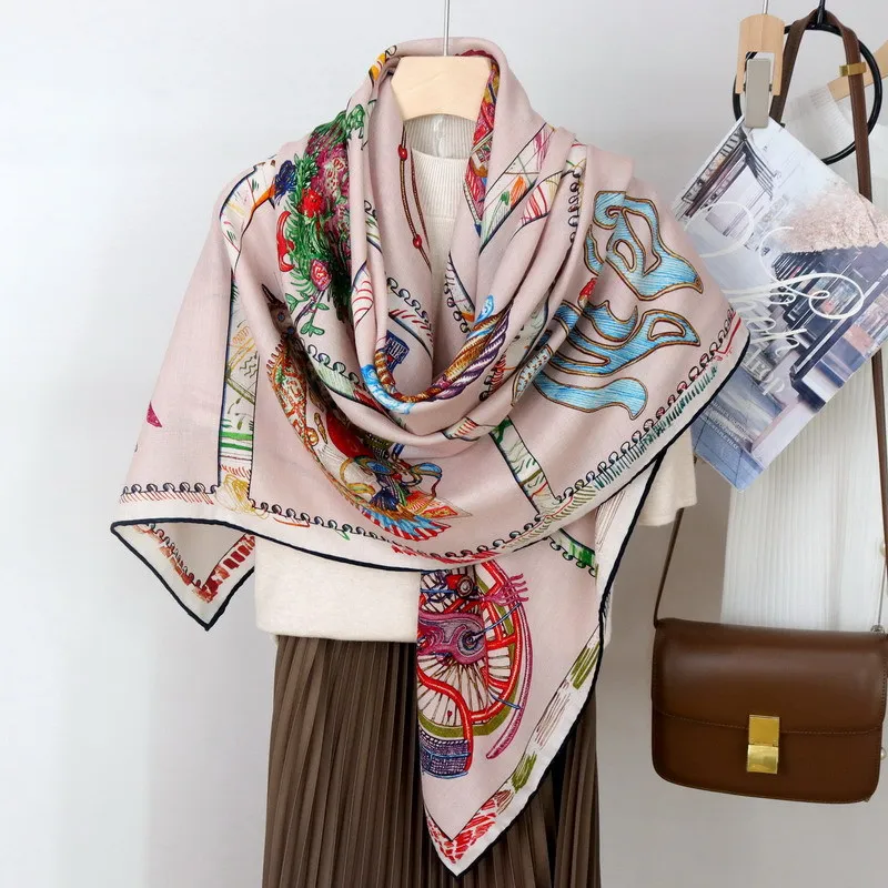 

High-end Elegant Women Beautiful Horse Prism Double-sided Printed Quality Silk Wool Hand-rolled Edge Large Square Scarf Shawl