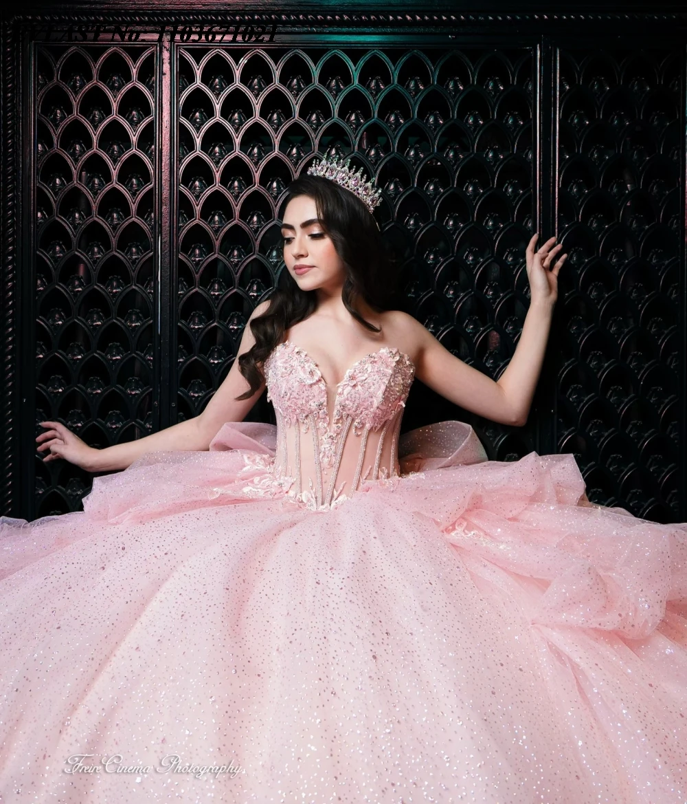 EVLAST gaun berkilau putri merah muda Quinceanera gaun bola Applique kristal bermanik korset berjenjang manis 16 Vestidos De 15 Anos SQ734