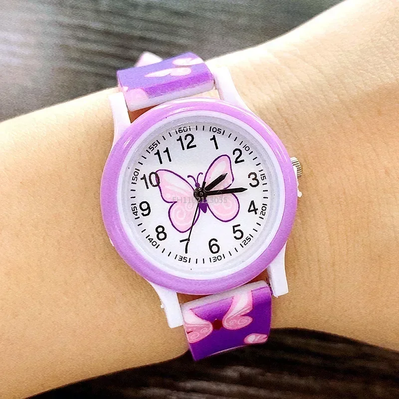 New Fashion Girls Watches Print Butterfly Cartoon Watch for Kids Silicone Strap Quartz Watch Childrens Cute Wristwatch Clock