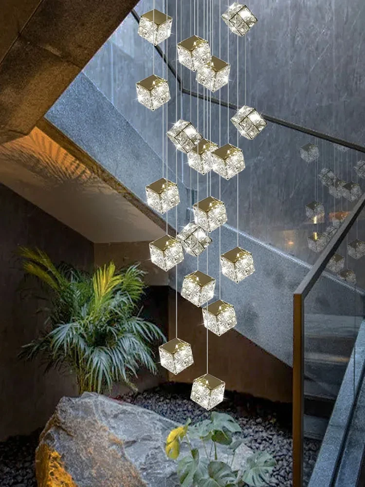 

Square Crystal Modern Chandelier For Living Room Lobby Ceiling Luxury Loft Hanging Light Villa Led Lighting Staircase Chandelier