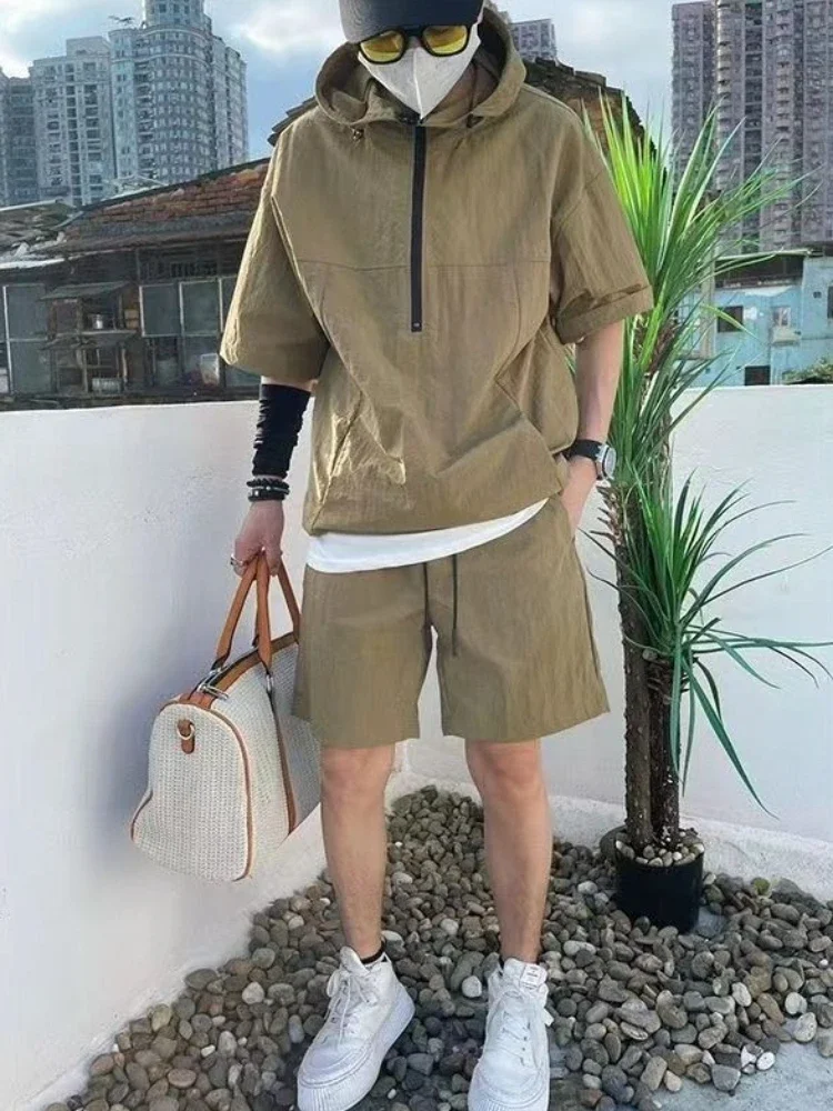 

Nylon Man Sets Plain Working Equipment Two-piece Set Fashion 2025 Loose Regular Fit Novelty in Tee T-shirts Shorts Suits for Men