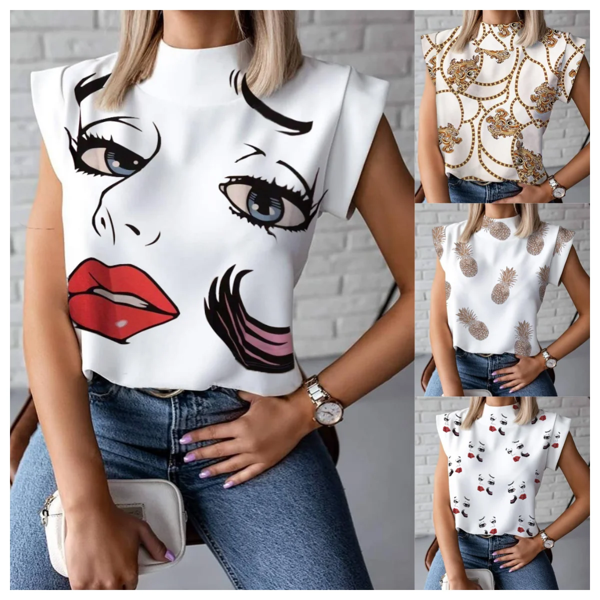 Damen-Bluse mit abstraktem Gesichtsdruck, ärmellos, Stehkragen und Knopfleiste für Sommermode – Detail 2