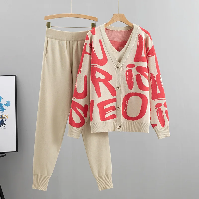 Greenora Minimalist Business Casual Scandinavian Style Women Letter Print Knit Cardigan Vest Pants 3 Piece Set