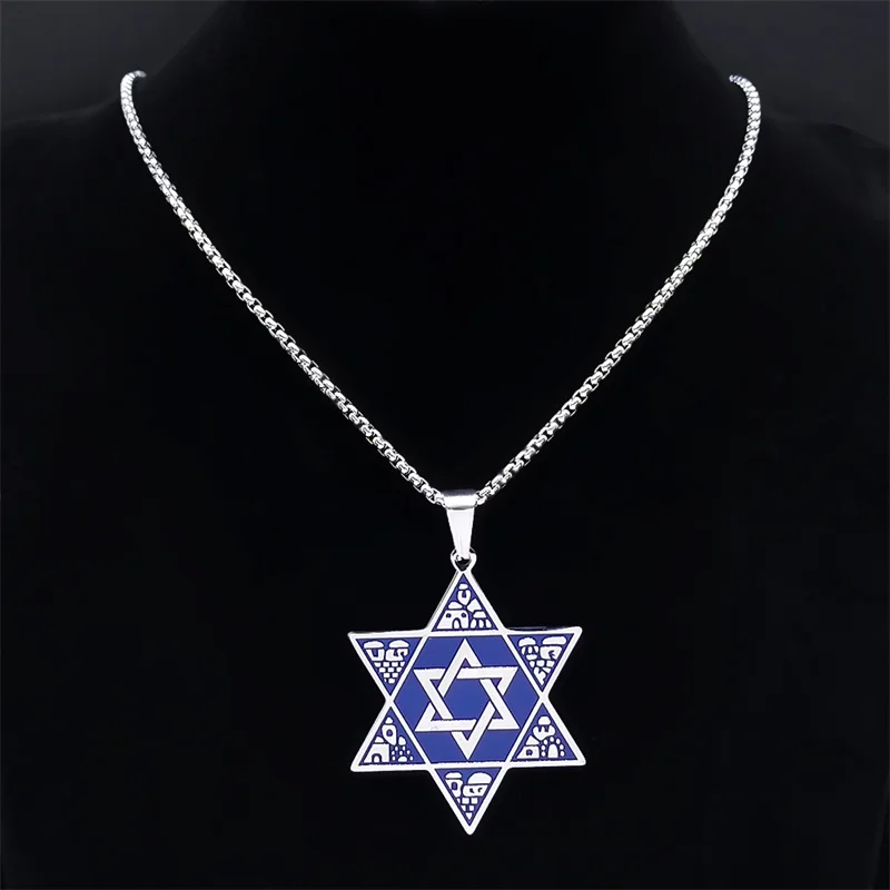 Jewish Hexagram Judaica Symbol Blue Color Pendant Necklace Stainless Steel Star of David Shield Necklaces Jewelry colar N2808S02