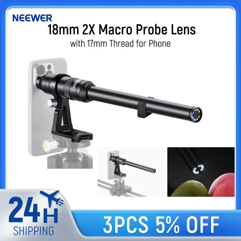NEEWER 18mm 2X obiektyw z sondą makro z gwintem 17mm do klatki na telefon/etui na telefon z adapterem obiektywu 17mm do iPhone'a Samsung