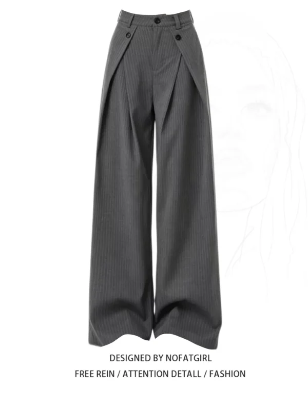 

plus Size Women's Korean Style Grey Striped Wide Leg Suit Pants Loose Casual Trousers High Waist Button Closure Other Material