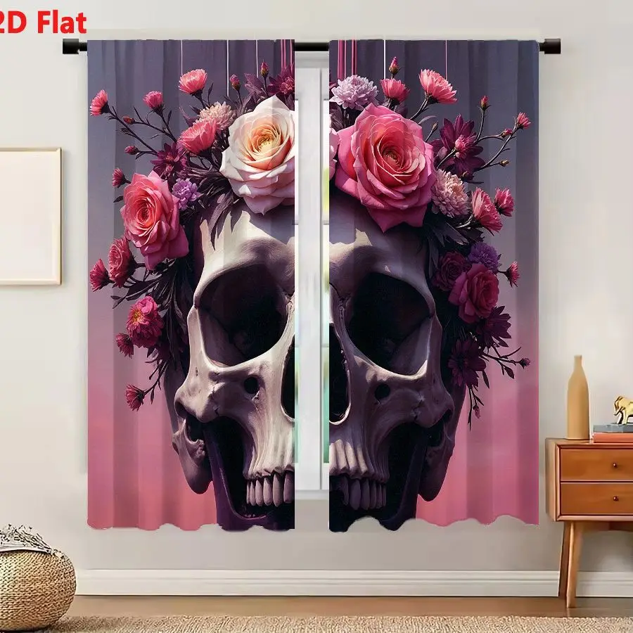 2Pcs Curtains 2D Flat Realistic Human Skull With Floral Crown Arrangement Pink Purple White Flowers On Gradient Background Windo
