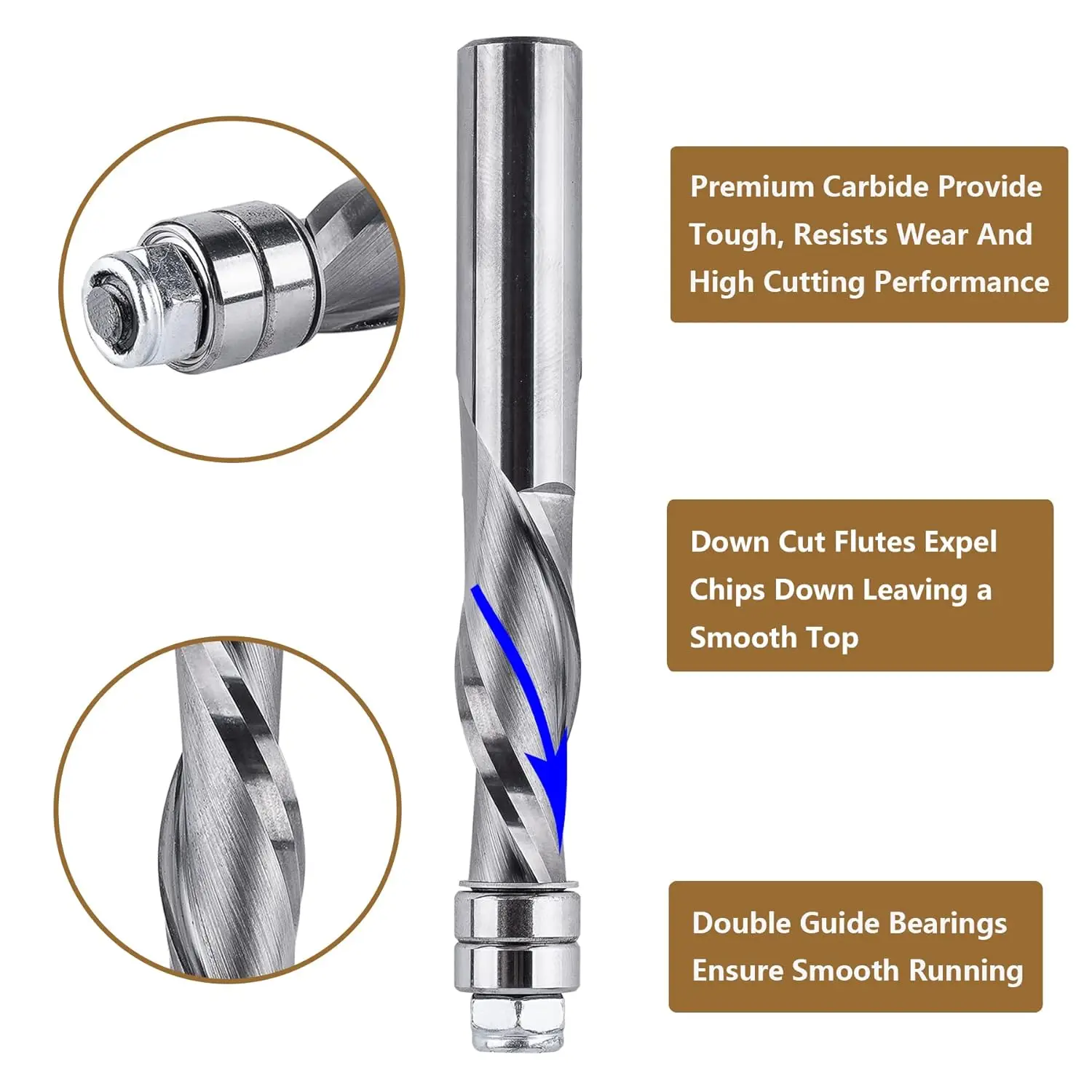 Dreanique 1pc Solid Carbide Bearing Guided Spiral Flush Trim Router Bit 1/4 1/2 Shank CNC UP&DOWN Cut Milling Cutter for Wood