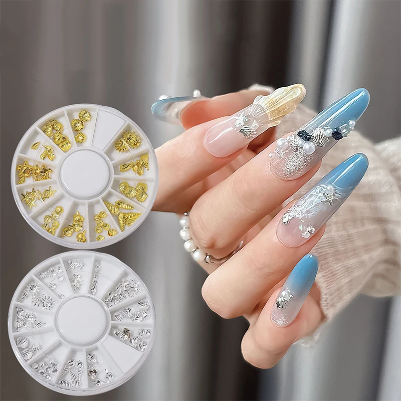 

Elegant 12Grid 3D Gold Rivet Nail Decor; Features Seahorse, Starfish, Conch Pearl, Mini Caviar Beads, and Dazzling Rhinestones