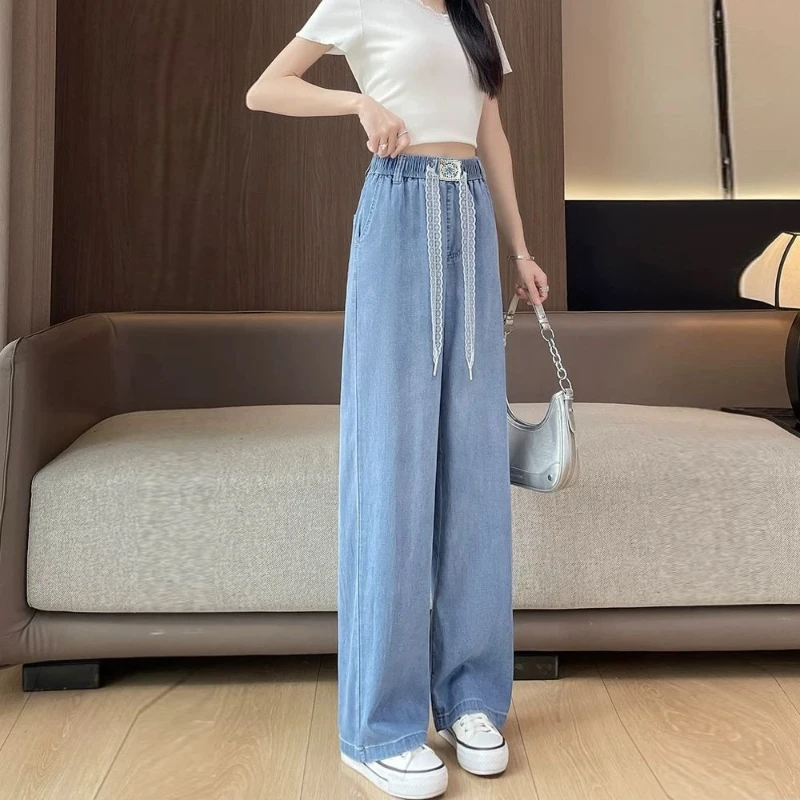 

2026 Spring Summer Women Lace Trim Denim Pants Thin Elastic Waist Flowy Wide Leg Jeans Casual Straight Trousers