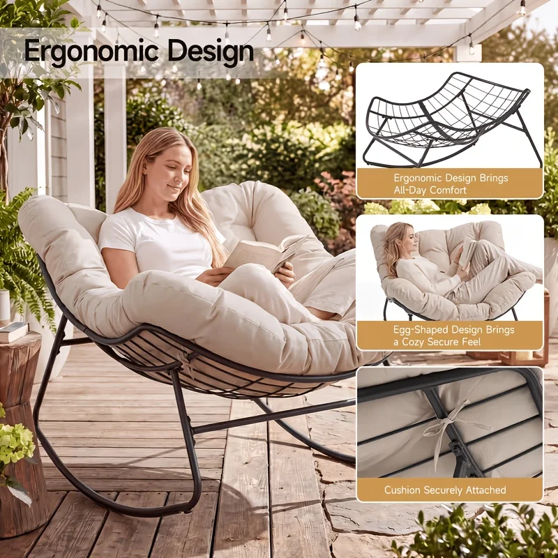 Large-sized patio rocking chair(bird's nest/egg-shaped style) featuring an ergonomic,smooth rocking design;includes a thickened,