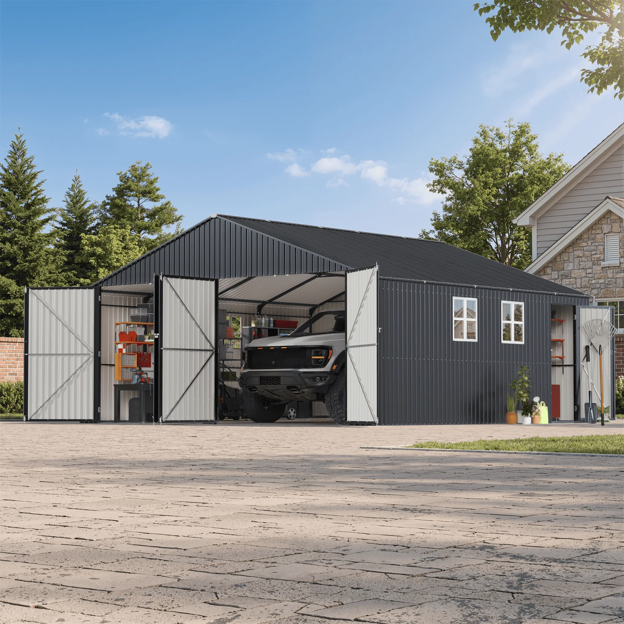 Polar Aurora 20x20 FT Outdoor Metal Storage Shed, Large Carport Heavy Duty Car Shelter with Double Front Doors, Side Doors, 4 windows, All-Weather Protection for Car, Truck, Tools, Black