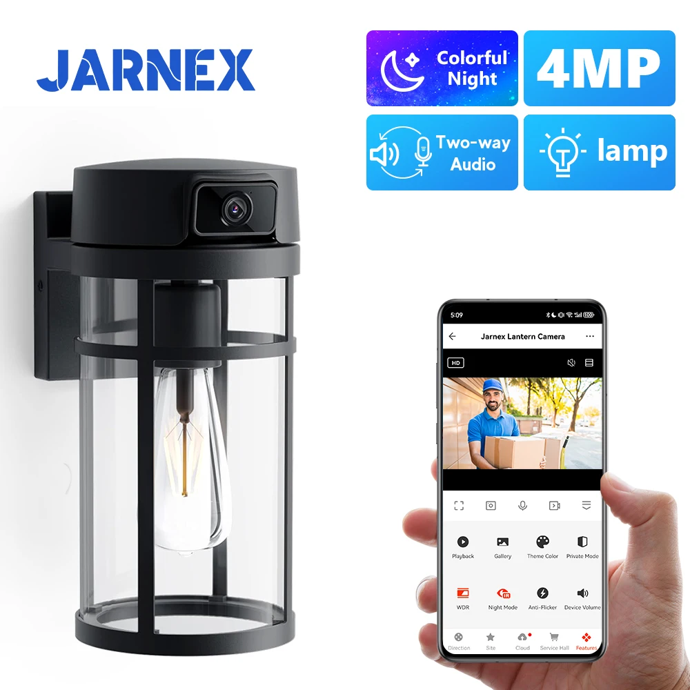 Cam�ra de s�curit� ext�rieure Jarnex 2K PTZ WiFi avec d�tection humaine IA, �clairage de cour 4MP, audio bidirectionnel, lampe de jardin PTZ