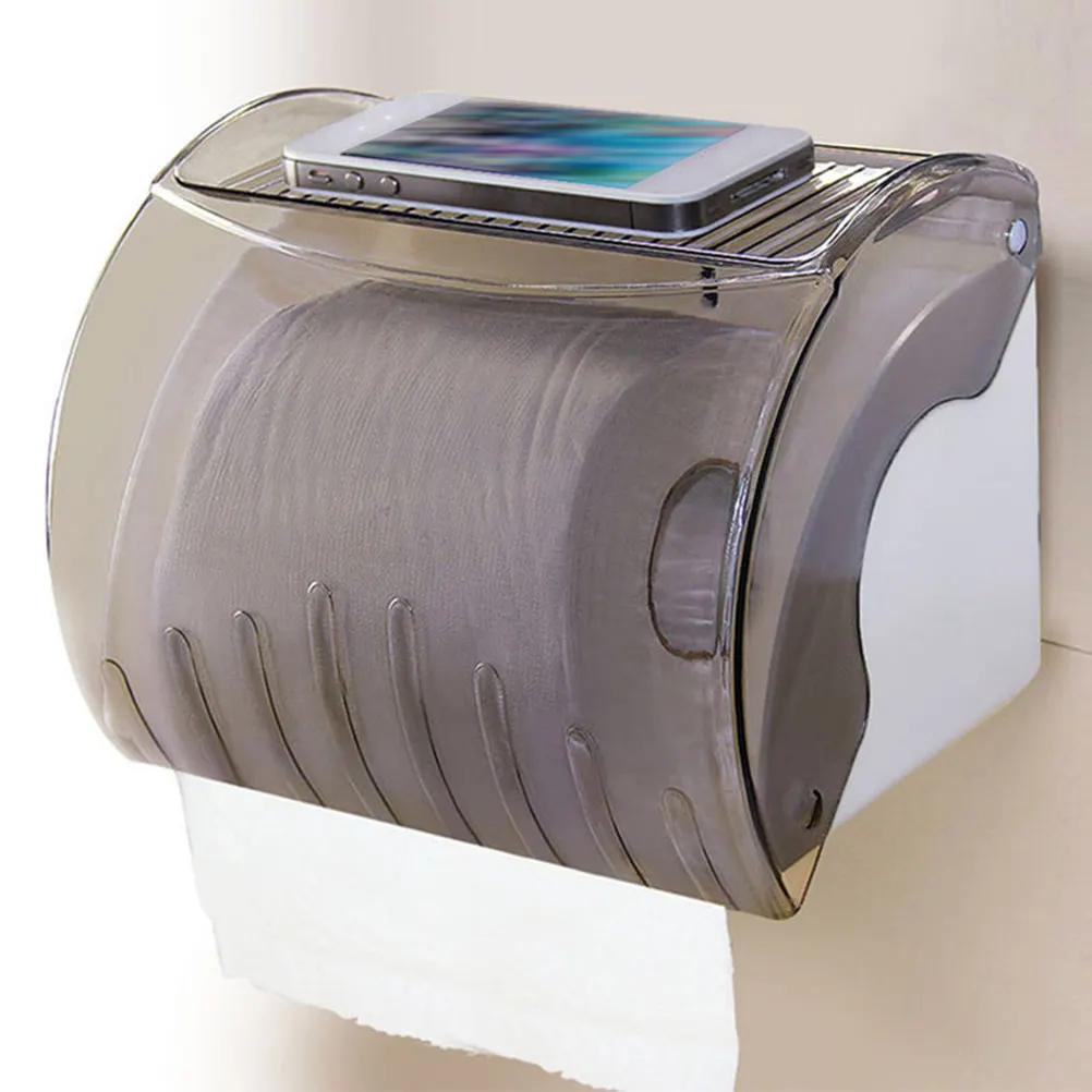 

Stylish Waterproof Toilet Paper Holder Box Transparent Plastic Cover Easy Pull Dispenser Upper Storage Shelf for Phone Keys