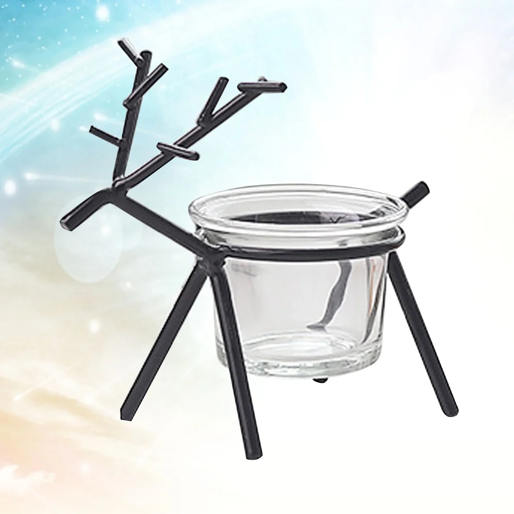 حامل عيد الميلاد الحديدي مع تصميم غزال من الحديد المطاوع باللون الأسود وحامل شمع زجاجي لديكور المنزل والمكتب والعطلات #6