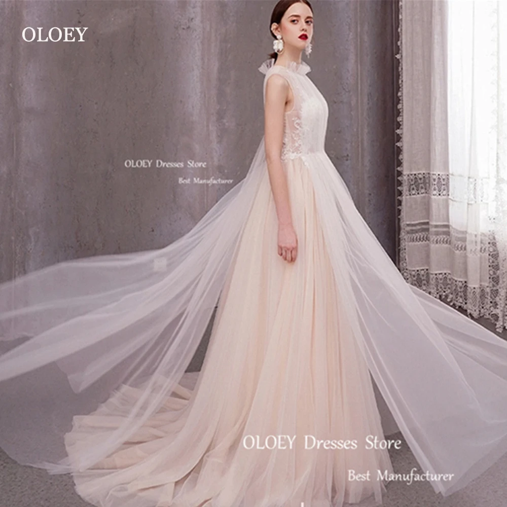 

OLOEY Elegant Ivory Wedding Dress High Neck A Line Photoshoot Floor Length Bridal Gowns Mariage Custom Lace Up/Zipper Back