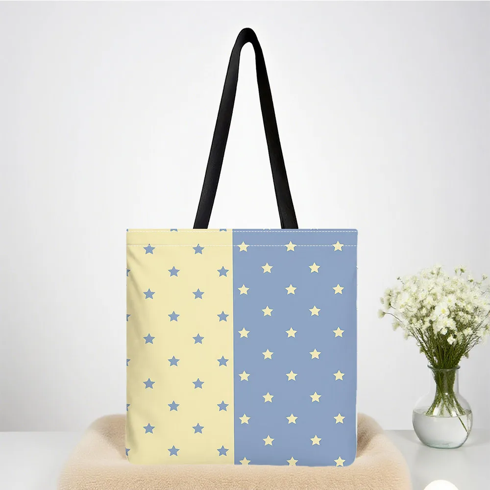 Two Tone Split Star Grid Large Capacity Canvas Shoulder Bag Dual Side Print Black Tote Bag Daily Shopping Bag Fashion Handbag