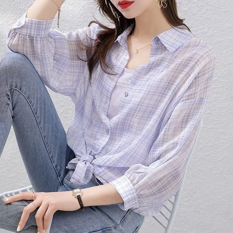 2023 New Spring Summer and Autumn Fashion Trend Stripe Sunscreen Women\'s Sweet Casual Versatile Single Breasted Shirt